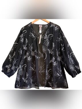 Chico’s Elegant Feminine Embroidered Floral Chic Sheer Chiffon Jacket 3/XL NWT